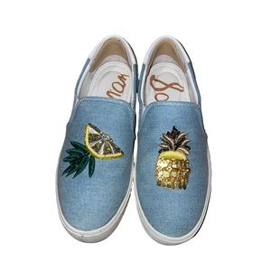 🍋 🍍 Sam Edelman Denim Lemon/Pineapple Appliqué Sneaker Shoes Size 5 🍋🍍